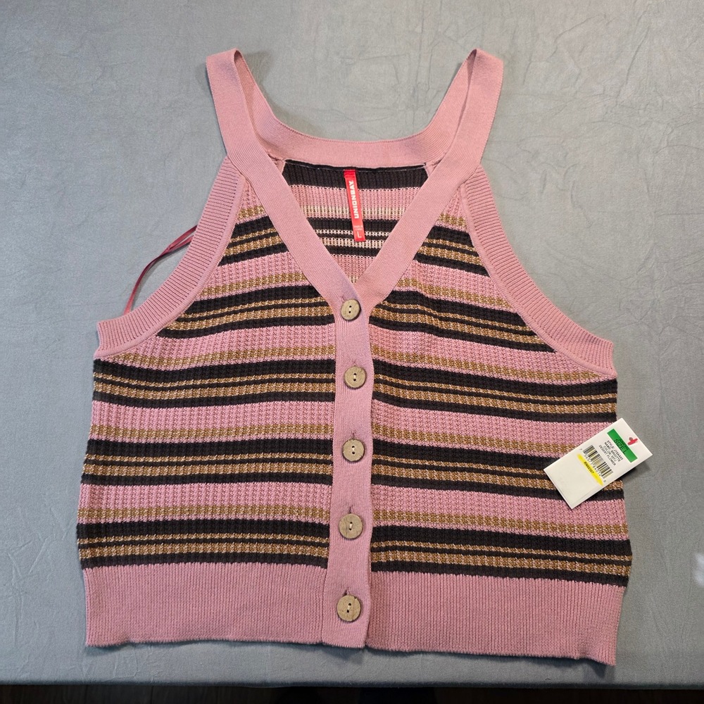 Unionbay Womens Pink Striped Button Front Cotton Knit Sweater Vest Juniors Large